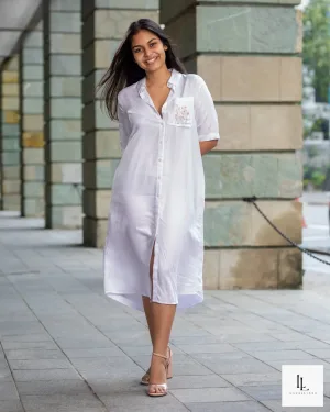 Maddy Shirt Dress - White with Embroidery Detail